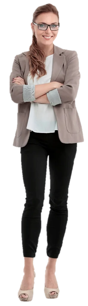 a woman in a white shirt and black pants