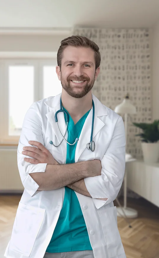 a man in a white coat with a stethoscope around his neck